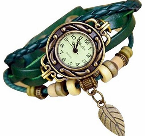 Vintage Bronze Womens Ladies Weave Wrap Leather Bangle Bracelet Quartz Watch (Green)