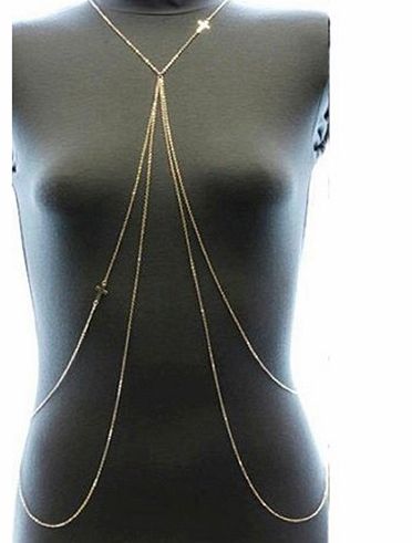 Gold Fashion Double Cross Metal Body Chain Harness Necklace Jewelry
