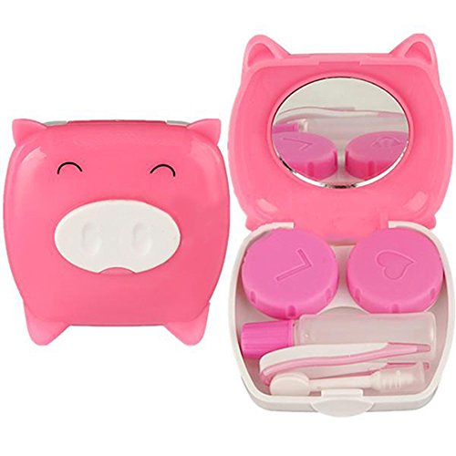Sanwood Travel Cartoon Piggy Contact Lens Case Mirror Tweezer Stick Holder Box