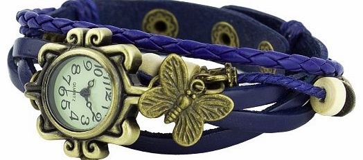 Womens Retro Bracelet Butterfly Decoration Quartz Wrist Watch Blue