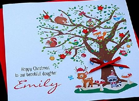 Sarah Barnham Handmade Cards Handmade Personalised Woodland Tree amp; Animals Christmas Design Card / Granddaughter/ Niece/Cousin/Daughter/ Goddaughter etc