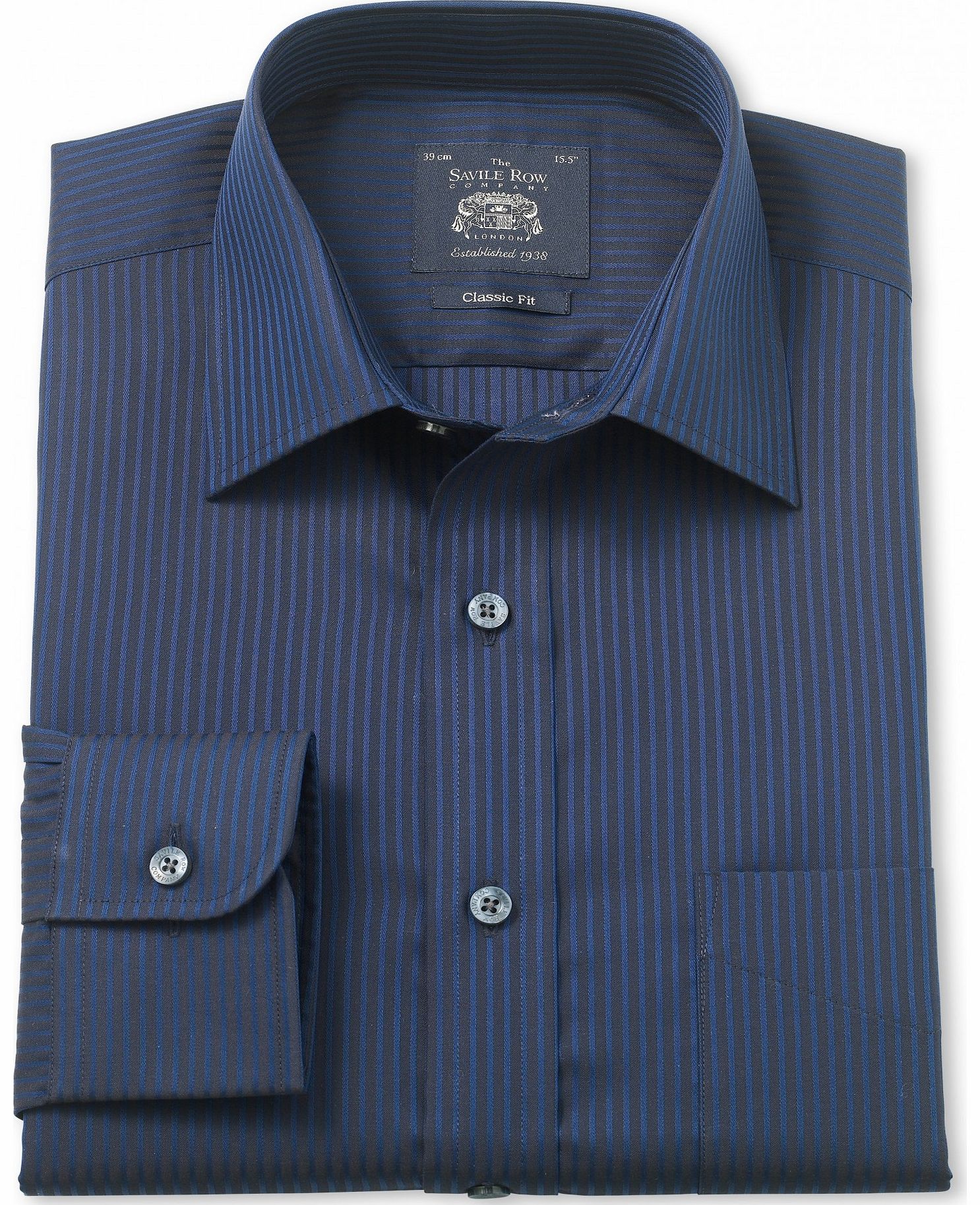 Savile Row Company Blue Navy Satin Stripe Classic Fit Shirt 17