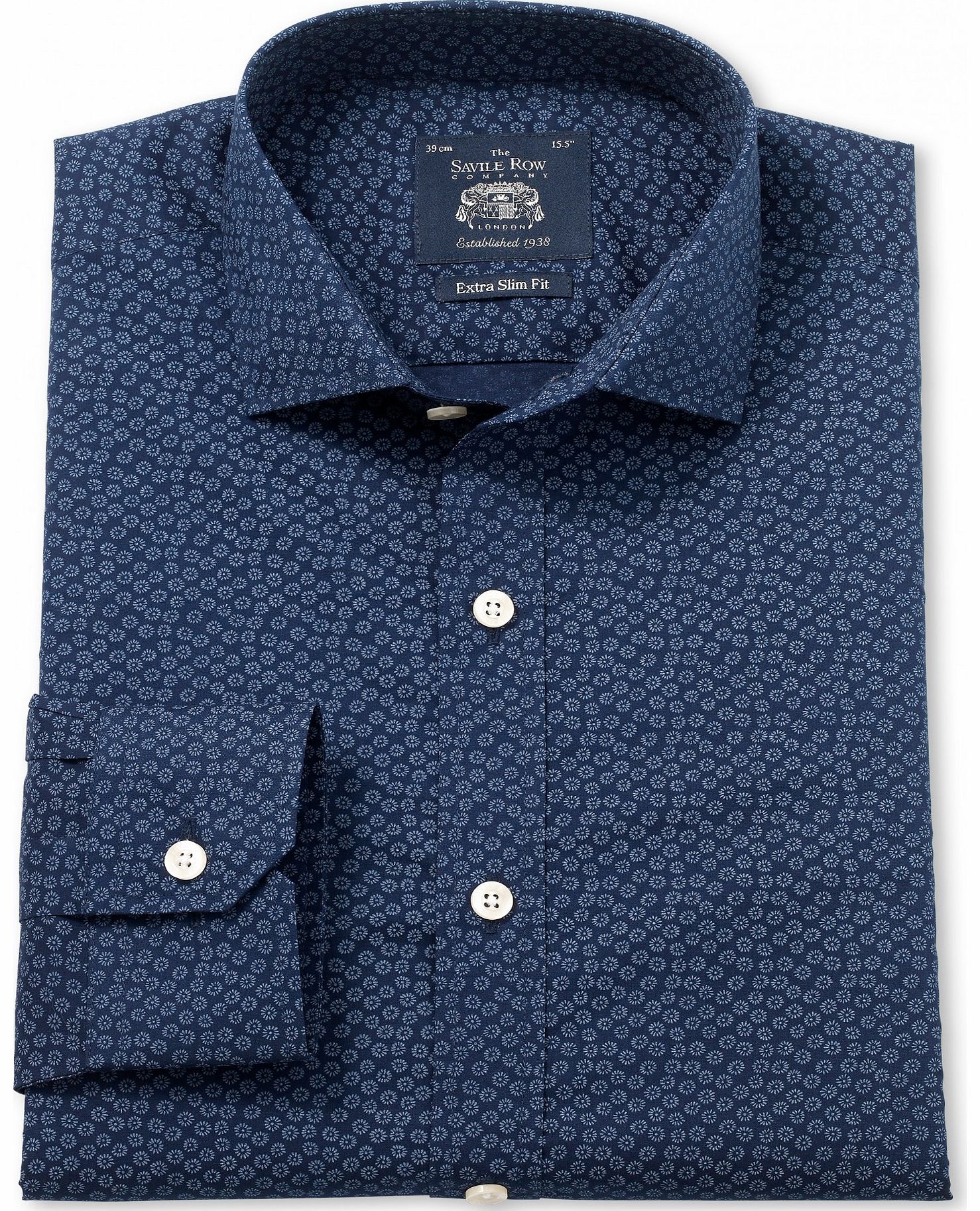 Savile Row Company Navy Blue Printed Extra Slim Fit Shirt 15``