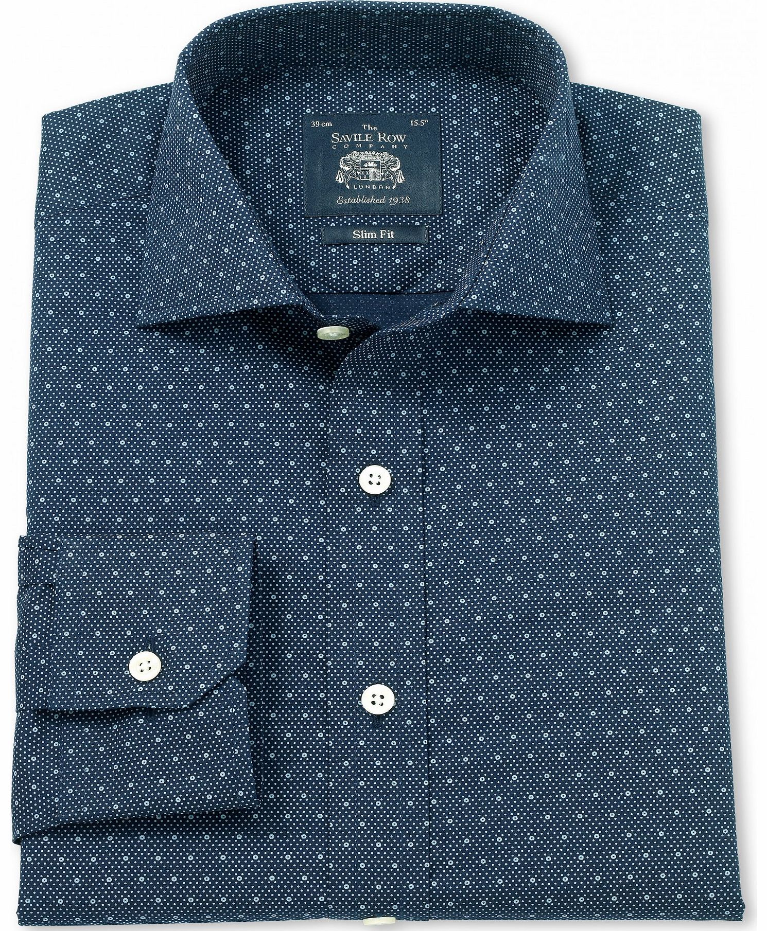 Savile Row Company Navy Blue Printed Poplin Slim Fit Shirt 16 1/2``