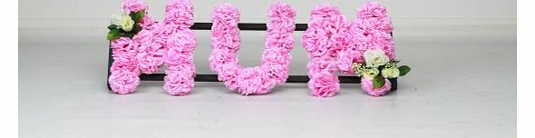 MUM lettered wreath tribute in pink faux silk carnation flowers