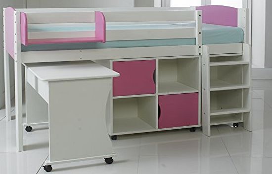 Scallywag Kids Shorty Cabin Bed Mid Sleeper, Narrow To Suit 26`` Wide Mattress. White/Pink. Including Furniture: Roll Out Desk, Quad Shelf Unit w/2 Doors, Duo Shelf Unit amp; Hook on Shelf. Solid Pine amp; Composit