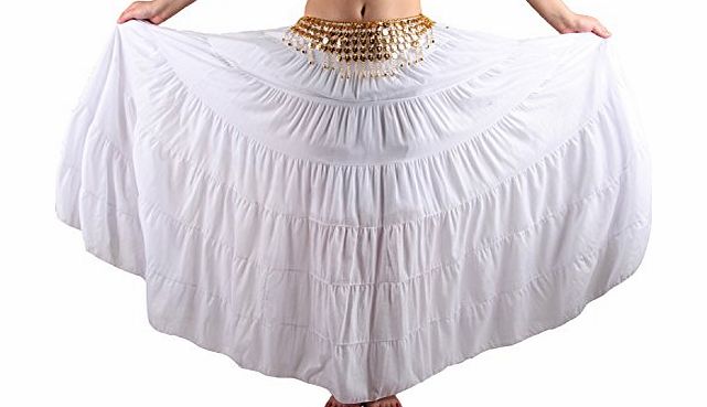 Belly Dance 8 Yard Bohemia Skirt, Swing Skirt, Tiered Maxi Tribal Gypsy Skirt Flared Long Retro Vintage Beach Summer Cotton Dress Costume with Gold Coins Belt Waist Chain (white)