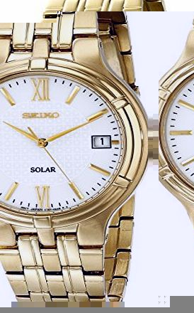 Seiko Mens Quartz Analogue Watch SNE030P1 with Gold Plated Solar Bracelet and White Dial