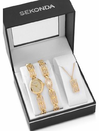 Ladies Gold Plated Watch Stone Set Bracelet & Pendant Gift Set 4534G