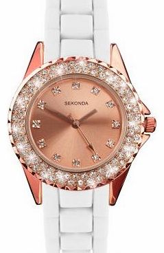 Sekonda Ladies Quartz Watch with Rose Gold Dial Analogue Display and White Silicone Strap 4653.27
