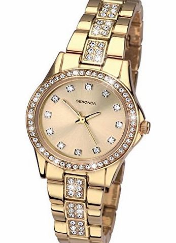 Sekonda Stone Set Starfall Champagne Dial Gold Plated Stainless Steel Bracelet Ladies Analogue Quartz Watch 2020