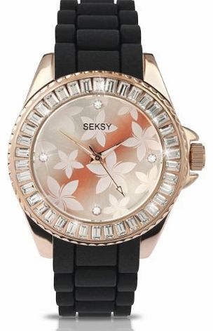 Seksy by Sekonda Womens Quartz Watch with Rose Gold Dial Analogue Display and Black Silicone Strap 4561.37