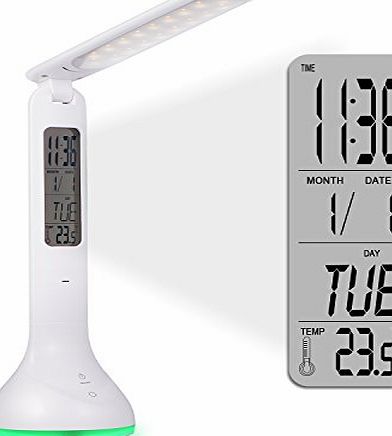 SENDIS LED Desk Lamp Touch Control Dimmable Bedside amp; Table Lamp with Calendar/ Alarm Clock/ Temperature 3 Level Brightness Eye-Care Touch Light for Reading, Relax and Sleep Mode (White)