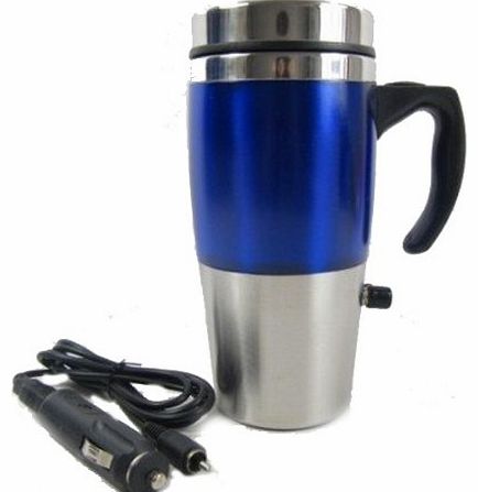 INSULATED HEATED TRAVEL MUG WITH USB 12V DC CAR CONNECTOR FLASK DUAL POWERED (Blue)