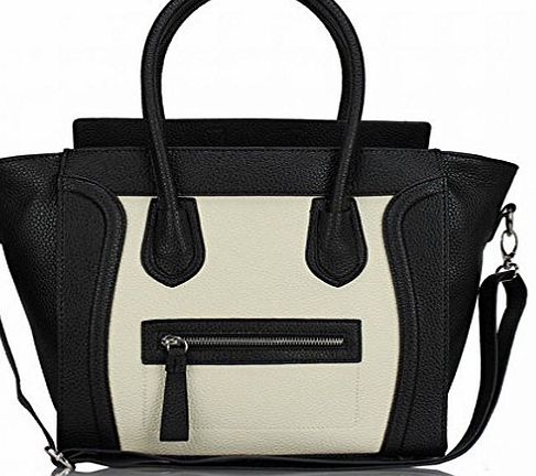 Ladies Designer Leather Style Celebrity Tote Bag Smile Shoulder Satchel Handbag (Black & White smile large size)