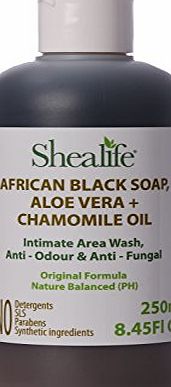 Shealife Intimate hygiene African Black Soap, pH Balanced with Aloe Vera gel amp; Chamomile, Intimate Area Wash, Anti - Odour amp; Anti - Fungal Formula, 250ml