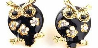 Vintage Retro Black Gold Cute Owl Crystal Stud Earrings Accessory J003