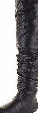 Womens Black Leather Look Over The Knee Slouch Ruched Flat Thigh Boots SIZE 7