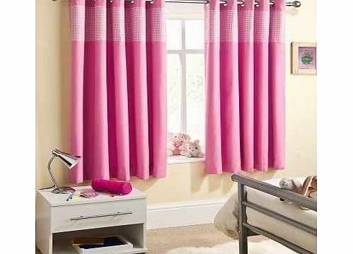 Ready Made Eyelet Thermal Blackout Curtains with Gingham Check Detail Panel. Baby Pink 117cm (46``) x 137cm (54``)