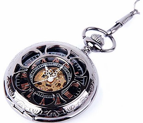 ShoppeWatch Skeleton Black Pocket Watch Chain Mechanical Hand Wind Half Hunter Vintage Look Value Quality - PW19