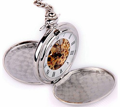 Skeleton Pocket Watch Mechanical Movement Hand Wind Roman Numerals Full Hunter Silver Tone Classic Engravable - PW20