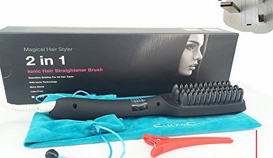 ShowCharm 2-in-1 Ceramic Hair Straightener - Womens Hair Brush - Ergonomic Hot Brush Heats Up Instantly - Temperature Control w/ LCD Display - Built-In Ionic Generator - Premium Haircare - Auto Shut O