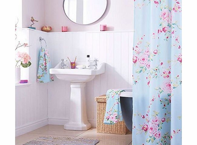 SHOWER CURTAIN SHABBY DURABLE PINK BLUE ROSE SHOWER CHIC CURTAIN 180CM X 180CM WITH HOOKS