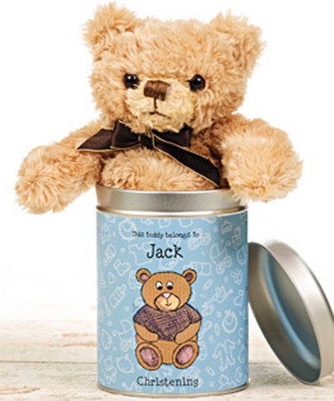 Personalised Christening Teddy in a Tin for Boys