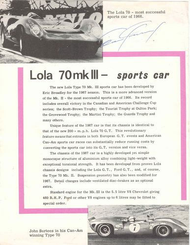 Signed Memorabilia Lola 70 MK 3 Specification Sheet - Signed by John Surtees