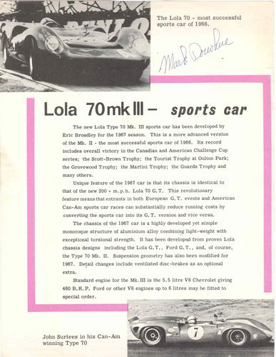Lola 70 MK 3 Specification Sheet - Signed by Mark Donohue