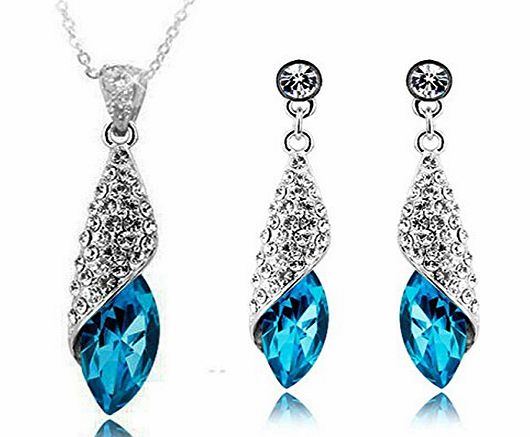 SWAROVSKI Austrian Crystal and 18K PURE WHITE GOLD Plated Water Drop Fashion Jewellery Set Earrings + Pendant Available In SIX Colours - Silver Ocean Blue / Silver Crystal Blue / Silver Red / Silver G