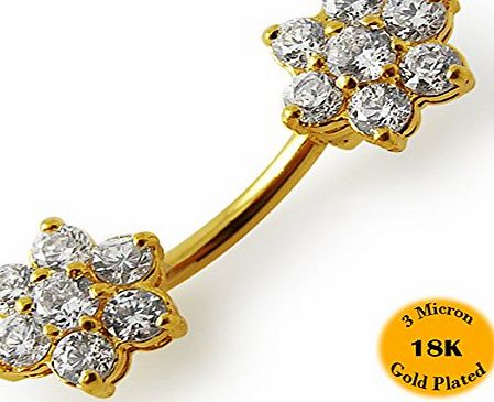 Silver Belly Bars 3 Micron 18K Gold Plated White Gems Fancy Flowers 925 Sterling Silver Double Side Belly Bar.