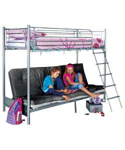 silver Bunk Bed with Black Futon and Comfort Mattress
