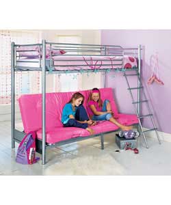 silver Bunk Bed with Fuschia Futon and Sprung Mattress