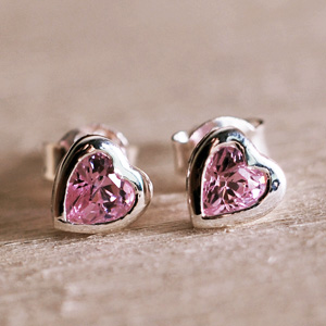 SILVER Pink Cubic Zirconia Heart Shaped Stud