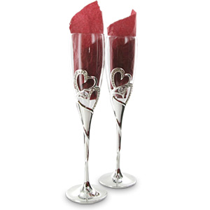 SILVER Plated Heart and Crystal Champagne Glasses