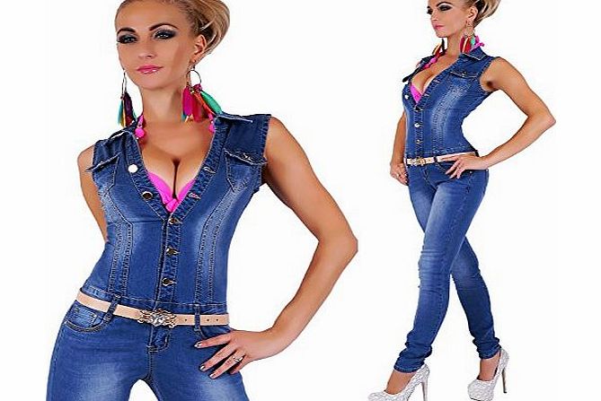 SIMPLY CHIC Ladies Womens Quality Denim Jeans Jumpsuit Overalls stretchy Blue UK sizes 8 10 12 14 (Tag S UK 8 fits waist 27-28 inches ( 68.5-71 cm))