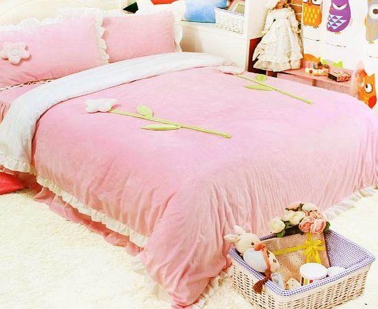 Children Princess Bedding Falbala, Girls Pastoral Fresh Bed Set Heart, Pink Blue Duvet Cover Bowknot, Twin Queen King, 4pcs