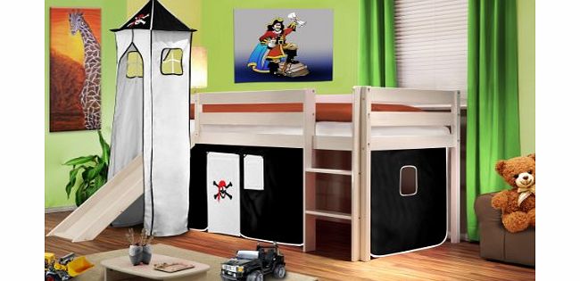 SixBros. Childrens Loft Bed With Tower and Slide Solid Pine Wood White - Pirat Black/White - SHB/03/1032