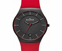 Skagen Mens Aktiv Black and Red Silicone 3 Hand