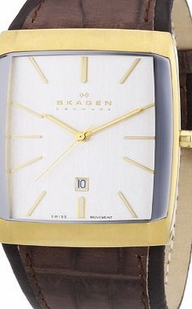 Skagen Stainless Steel Black Label Mens Quartz Watch with White Dial Analogue Display and Brown Leather Strap 984LGLD