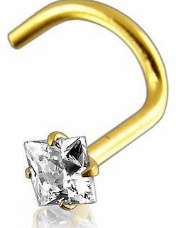 Nose Stud Screw Piercing Body Jewellery, 9 ct Yellow Gold, Square White Stone