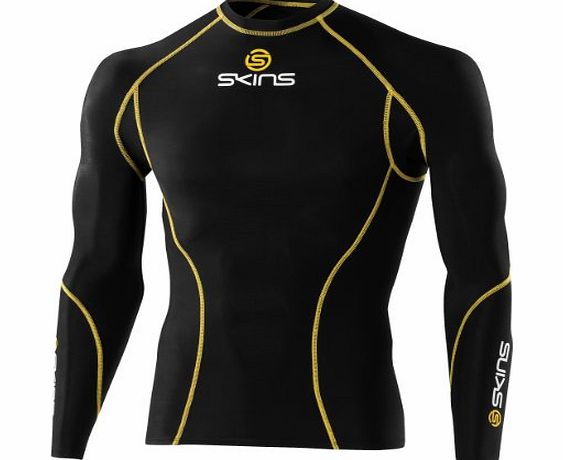 Skins  Sport Black Top Long Sleeve Mens Compression Shirt - Black/Yellow, XS