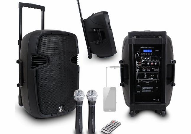 Skytec 12`` Mobile DJ Disco Speaker On Wheels Sports Karaoke PA System   2x Mics 500W