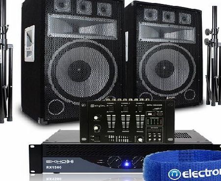 Skytec 2x Skytec 15`` Party Speakers   RX1500 PA Amplifier   DJ Mixer   Stands Disco Sound System 2000W