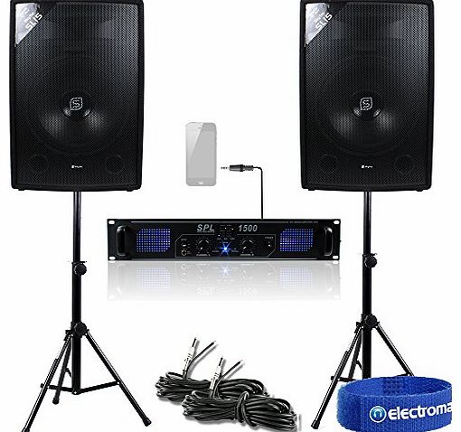 Skytec 2x Skytec 15`` Speakers Power Amplifier Stands Cables DJ Disco Party PA System Amp 1600W