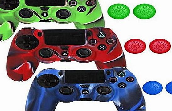 SlickBlue PlayStation-4 Controller Case SlickBlue Camo Series -3 Silicone Protection Case Skin for SONY PS4 DualShock Controllers with Grip -3 Pack (Blue / Red / Green)