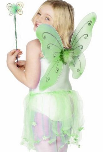 Kids Fancy Dress Party Green Butterfly Wings With Wand & Flower & Glitter Trim
