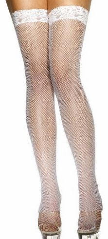 Smiffys LADIES WHITE FISHNET HOLD UP THIGH-HIGH STOCKINGS WITH LACE TOP - ONE SIZE FITS MOST