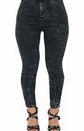 SnobUK New Womens Ladies BLACK Jeans High Waisted Acid Wash Skinny Stretch Pants UK Sizes 10